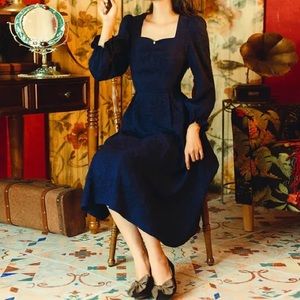 Bridgerton Blue Puff-Sleeve Floral Midi A-Line Lace Dress